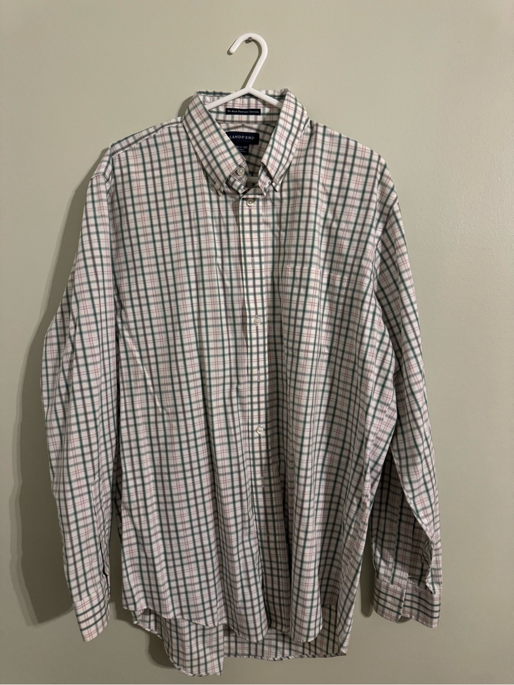 Lands' End Men's Green & Pink Windowpane Button-Down